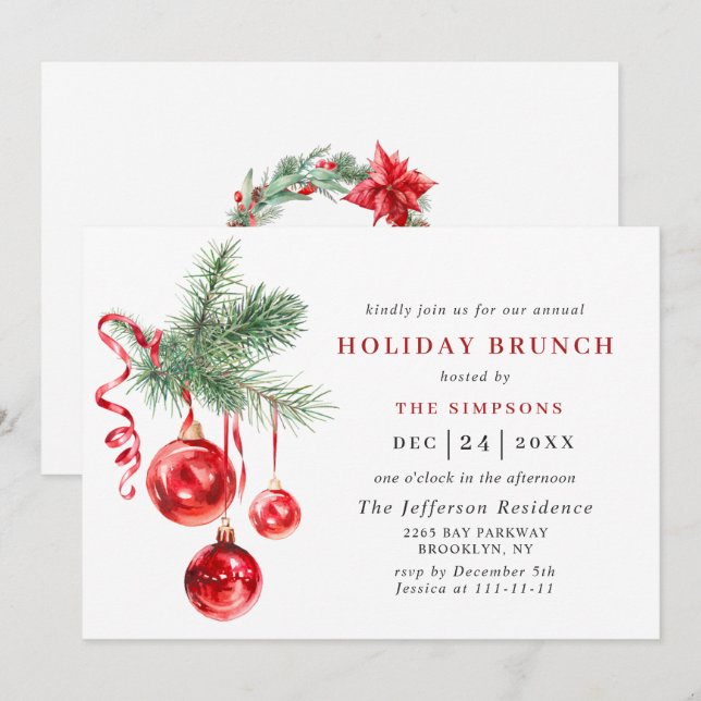 Convites Ornamento de Aquarela NATAL HOLIDAY BRUNCH (Frente/Verso)