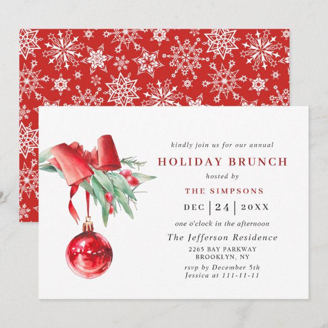 Convites Ornamento de Aquarela NATAL HOLIDAY BRUNCH (Frente/Verso)