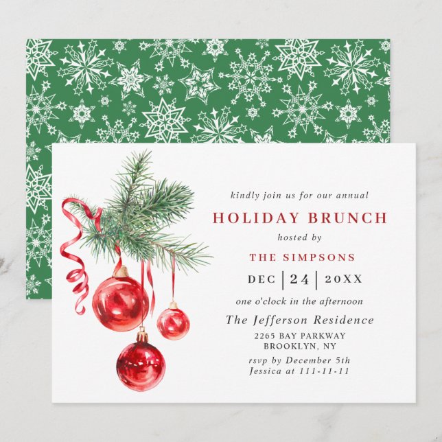 Convites Ornamento de Aquarela NATAL HOLIDAY BRUNCH (Frente/Verso)