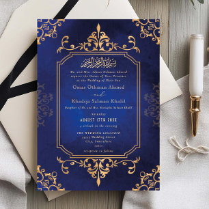 Convites Ornamento Dourado e Azul Casamento Islâmico Vintag