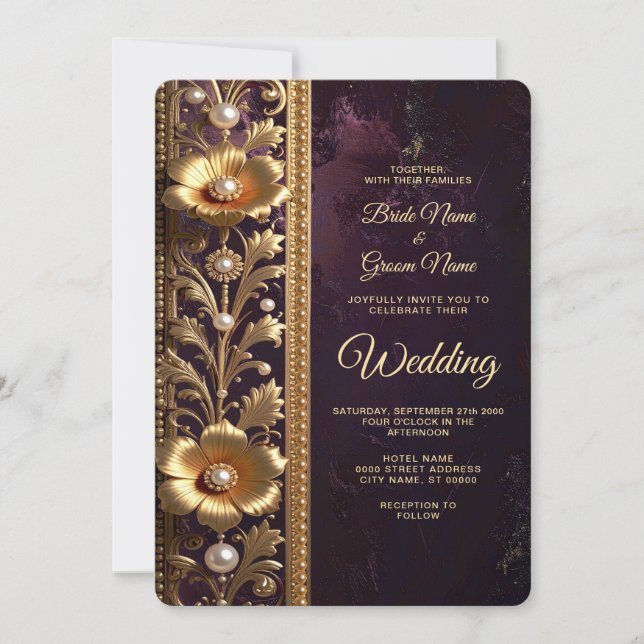 Convites Ornamento Floral Dourado com Pérolas Casamento (Frente)