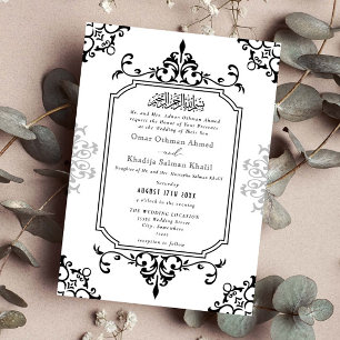 Convites Ornamento Preto e Branco Casamento Islâmico Vintag