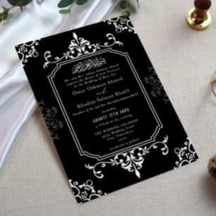 Convites Ornamento Preto e Branco Casamento Islâmico Vintag