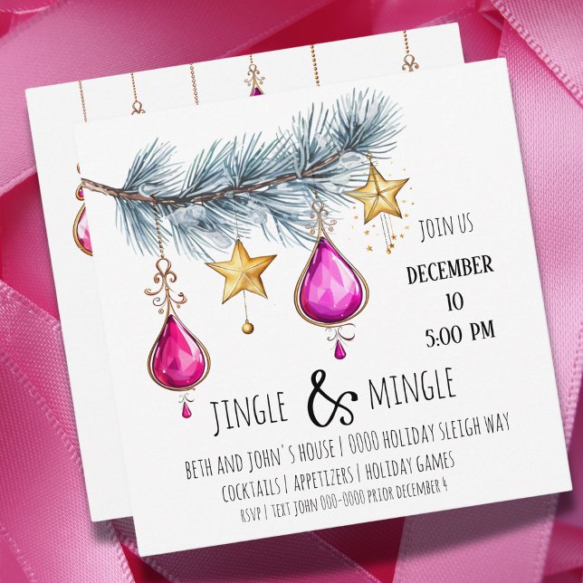Convites Ornamentos cor-de-rosa e estrelas Douradas com fes (Pink and gold jingle and mingle party invitation you can customize. )