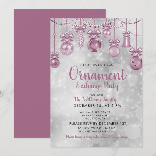 Convites Ornamentos de Cordas Prateados Bokeh Natal (Frente/Verso)