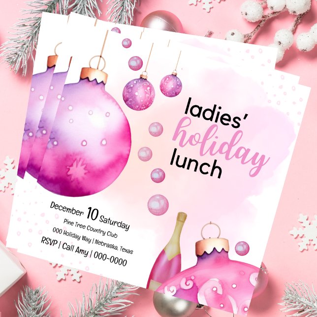 Convites Ornamentos de Rosa Festivos Senhoras de Natal Brun (Ladies Holiday lunch in pink for your festive brunch gatherings.  Invite is fully customizable. )