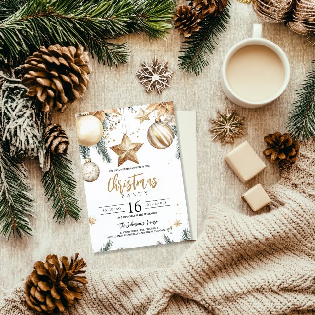 Convites Ornamentos Dourados Elegantes Festa de Natal de Po (Criador carregado)