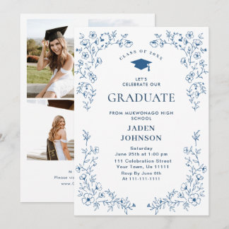 Convites Ornate Blue Floral Grace 4 Photo Graduation Party