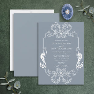 Convites Ornate Dusty Blue Floral Line Art Monogram Wedding