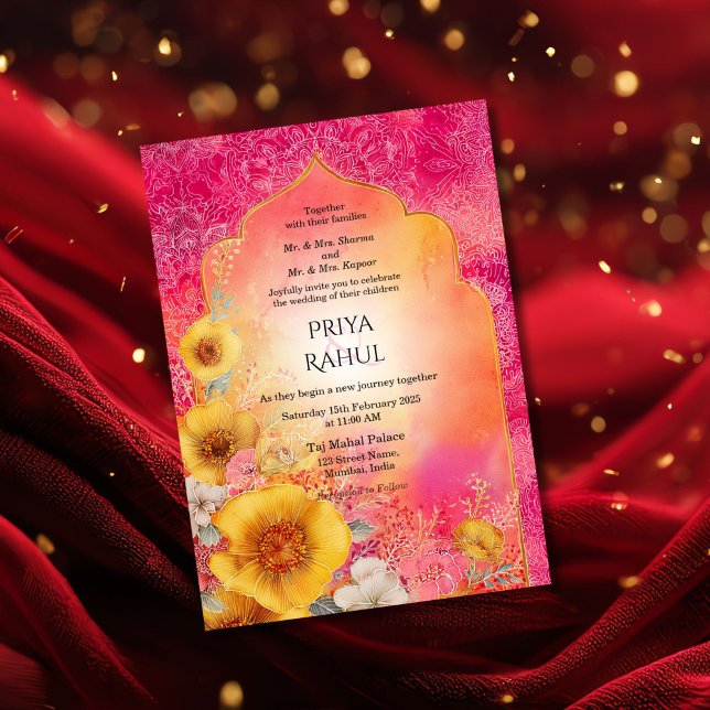 Convites Ornate Elegant Colorful Floral Indian Wedding (colorful indian arch with flowers, wedding invitation)