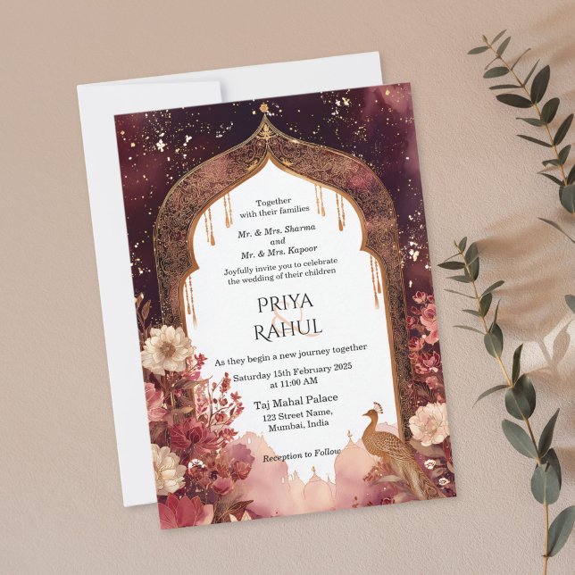 Convites Ornate Elegant Gold Floral Indian Arch Wedding (maroon and gold floral indian arch wedding invitation)