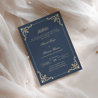 Convites Ornate Frame Azul-Marinho Dourado Cerimônia Walima