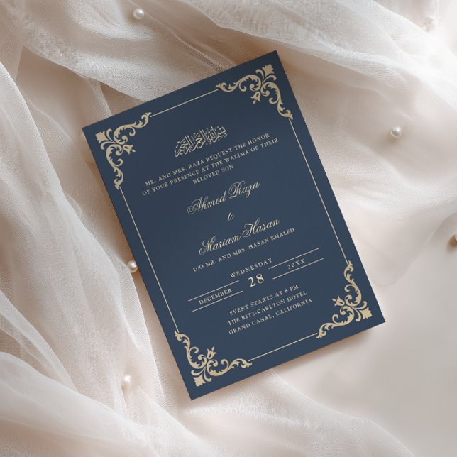 Convites Ornate Frame Azul-Marinho Dourado Cerimônia Walima (Criador carregado)