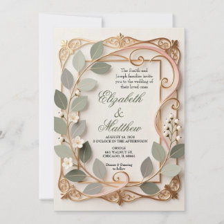 Convites Ornate Gold Scrollwork Pink Botanical Wedding 