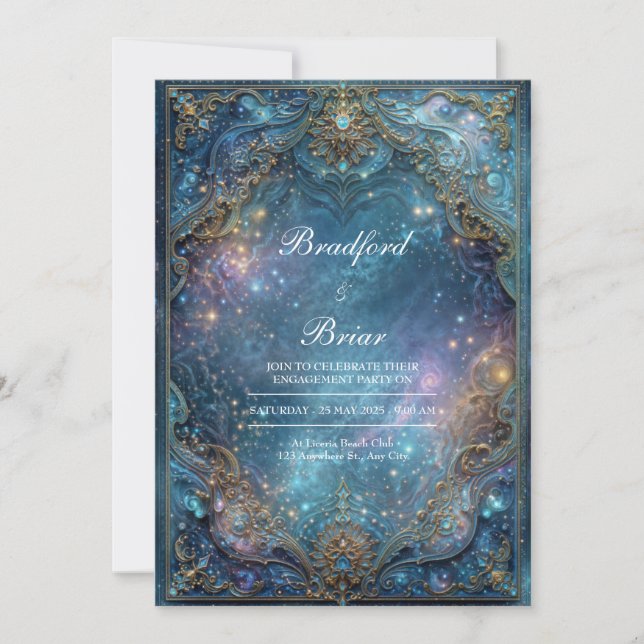 Convites Ornate Gold Teal Celestial Galaxy Frame Wedding (Frente)