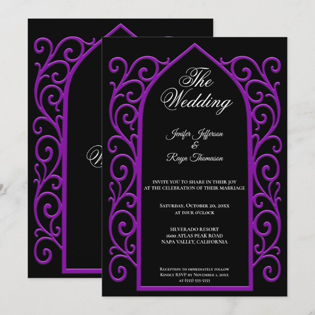 Convites Ornate purple border Gothic wedding Invitation (Frente/Verso)