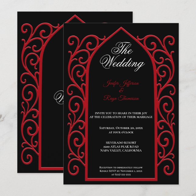 Convites Ornate red border Gothic wedding Invitation (Frente/Verso)