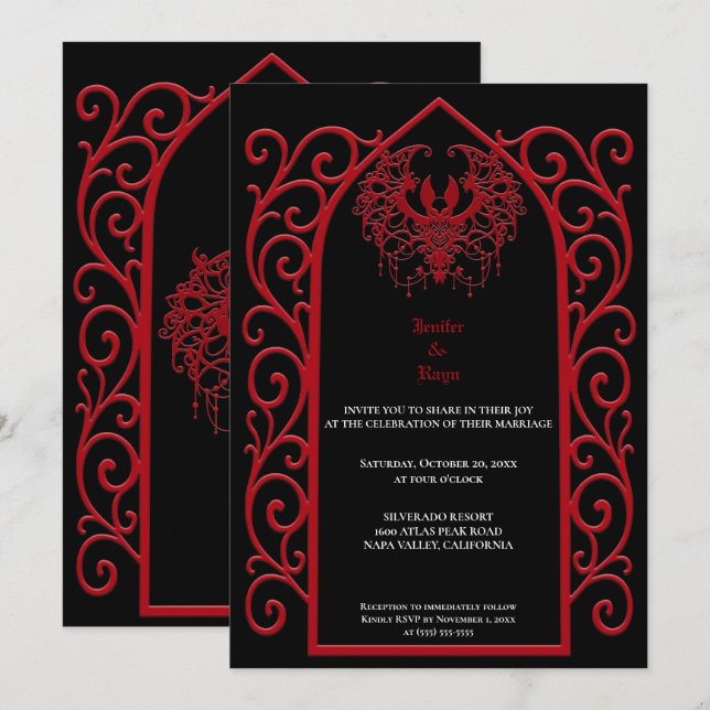 Convites Ornate red border Gothic wedding Invitation (Frente/Verso)
