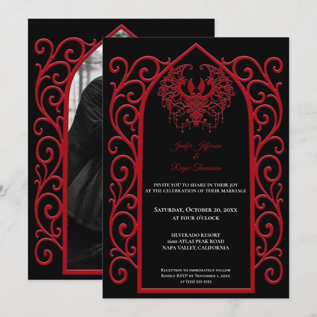 Convites Ornate red border Photo Gothic wedding Invitation (Frente/Verso)