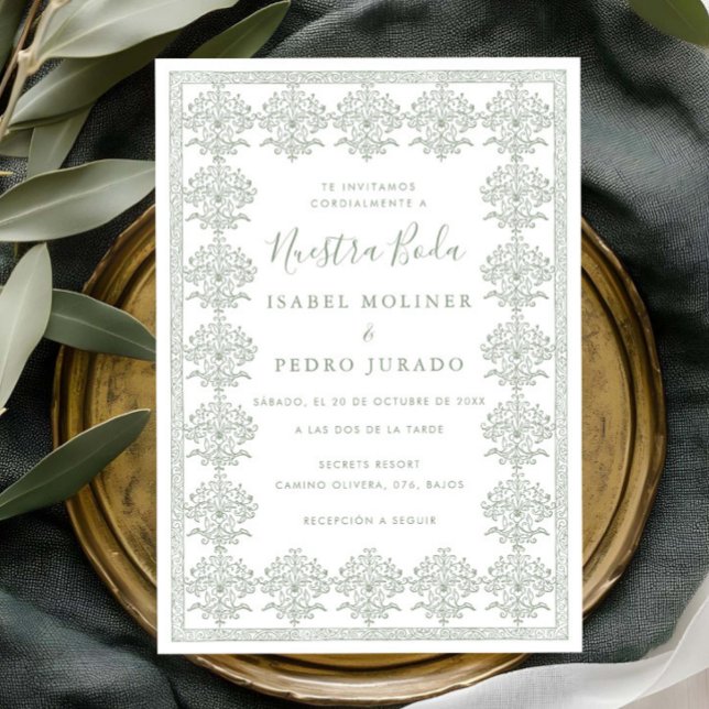 Convites Ornate Romantic Sage Green Nuestra Boda Wedding (Criador carregado)
