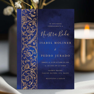 Convites Ornato Floral Dourado Azul Nuestra Boda Casamento