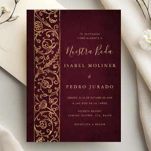 Convites Ornato Floral Dourado Borgonha Nossa Noiva Casamen