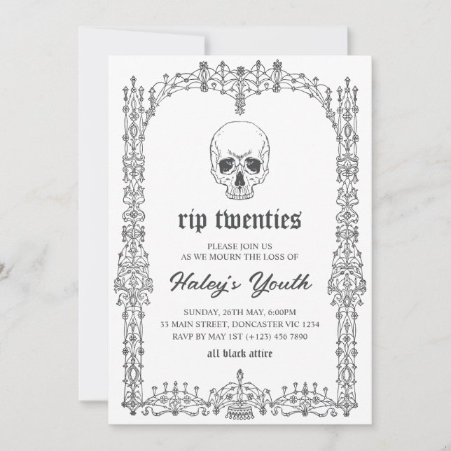Convites Ornato Preto Branco RIP Vinte 20s 30º Aniversário (Frente)