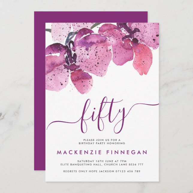 Convites Orquídea Aquarela Purple 50ª Festa de aniversário (Frente/Verso)
