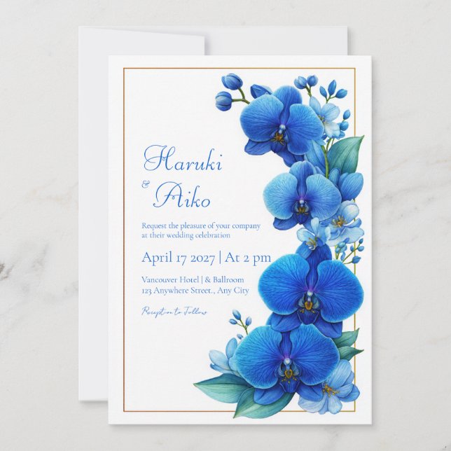 Convites Orquídea Azul Dourado Geométrico Casamento (Frente)