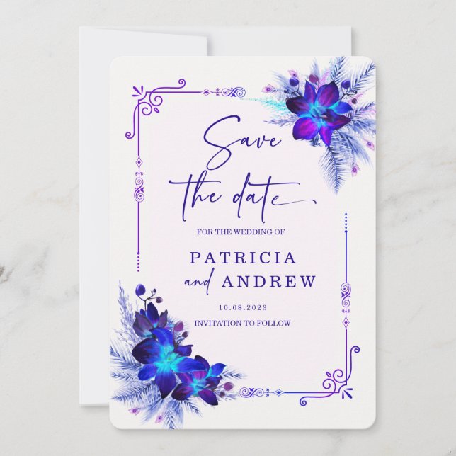 Convites Orquídea Azul Roxa Casamento Save the Date (Frente)