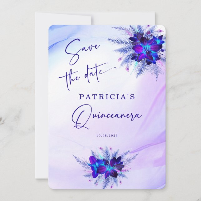 Convites Orquídea Azul Roxa Quinceañera Salve a Data (Frente)