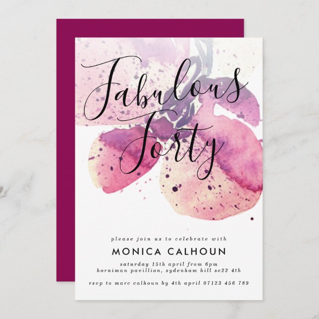 Convites Orquídea Berry Watercolor do Partido aniversário d (Frente/Verso)