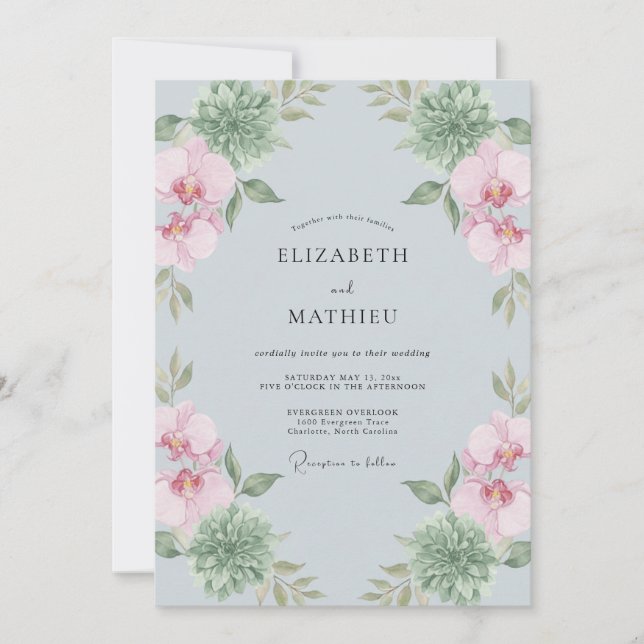 Convites Orquídea Botânica Casamento Azul Empoeirado (Frente)