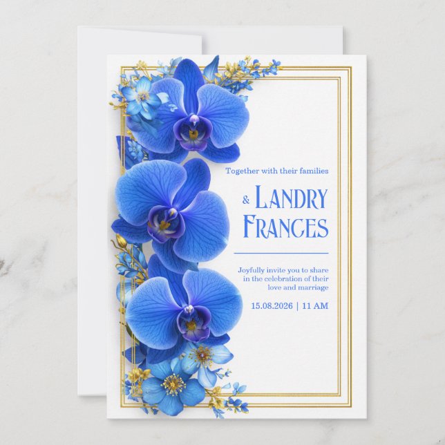 Convites Orquídea Botânica Dourada Azul Cobalto Casamento (Frente)