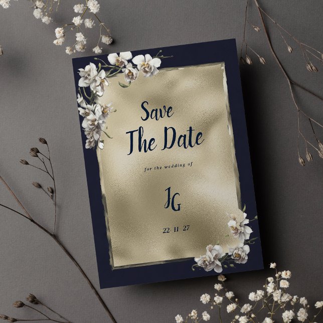 Convites Orquídea branca-dourada-azul-Marinha Salva a Data (Glam navy blue gold white orchid Save The Date)