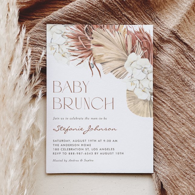 Convites Orquídea Branca e Palmeira Seca Brunch Boho de Beb (This baby brunch invitation features a bohemian design with watercolor orchids, palm and pampas.)