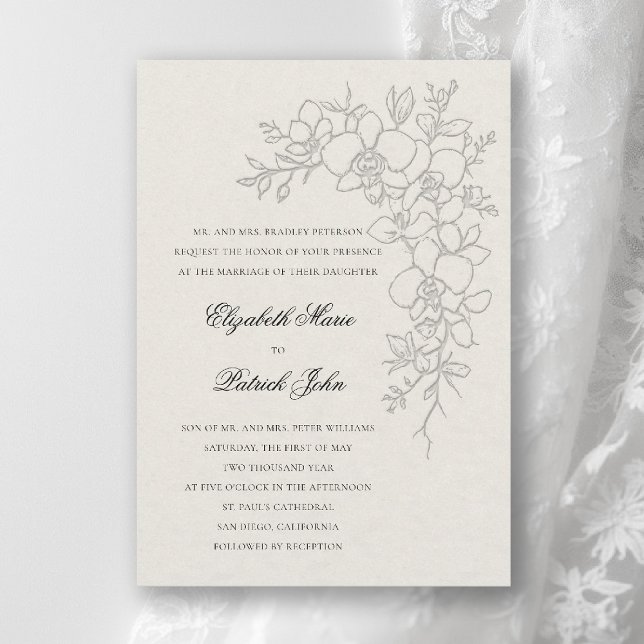 Convites Orquídea Brilho Formal Tradicional Ecru Casamento (orchid wedding invitation ecru gleam formal modern classic traditional black tie parents hosting)