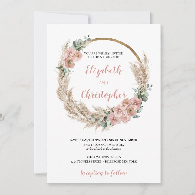 Convites Orquídea de Rosa Eucalipto de Grama Seca Pampas (Frente)