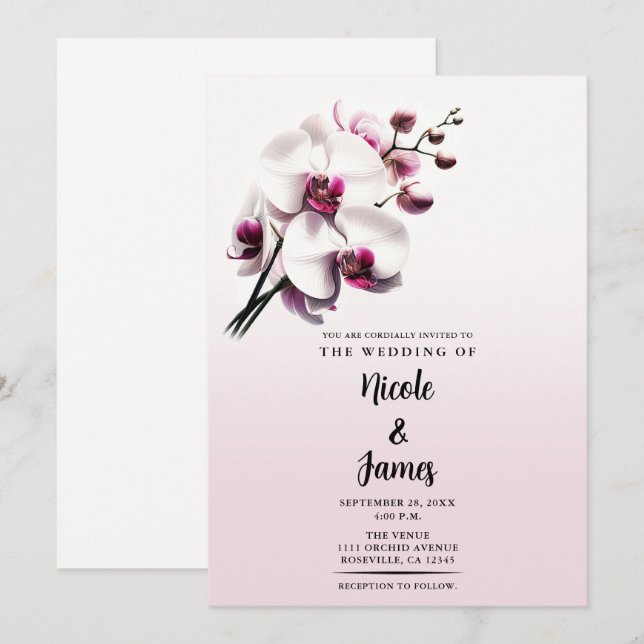 Convites Orquídea Flor Rosa e Branco Casamento (Frente/Verso)