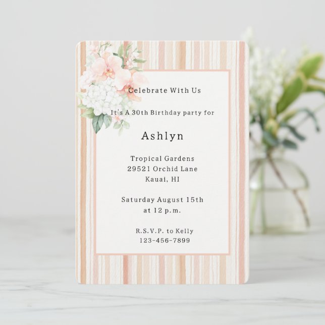 Convites Orquídea Floral Listras de Pêssego de Aniversário  (Em pé/Frente)