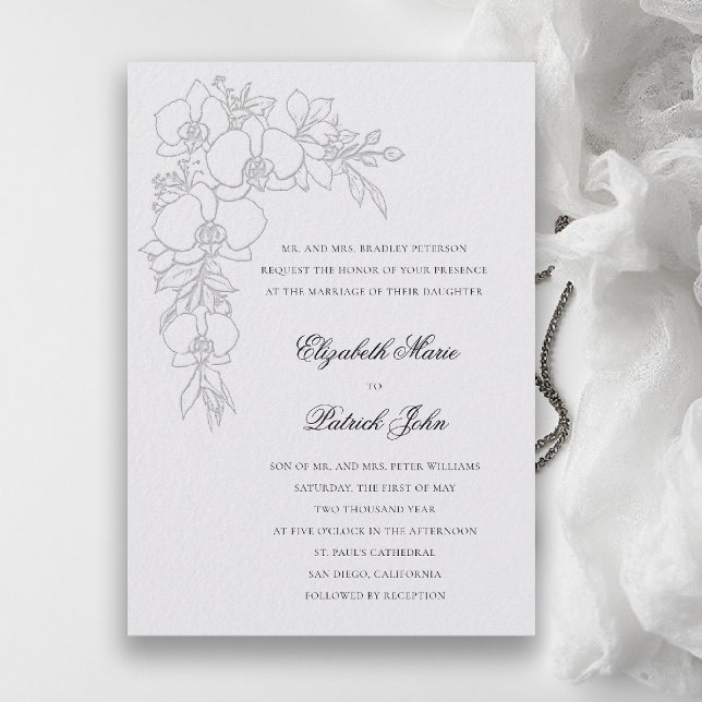 Convites Orquídea Grinalda Formal Tradicional Casamento Mar (orchid wedding invitation ivory garland formal modern classic traditional black tie parents hosting)