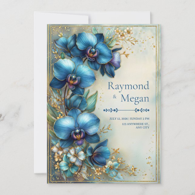 Convites Orquídea Índigo Dourada Poeira de Estrelas Casamen (Frente)