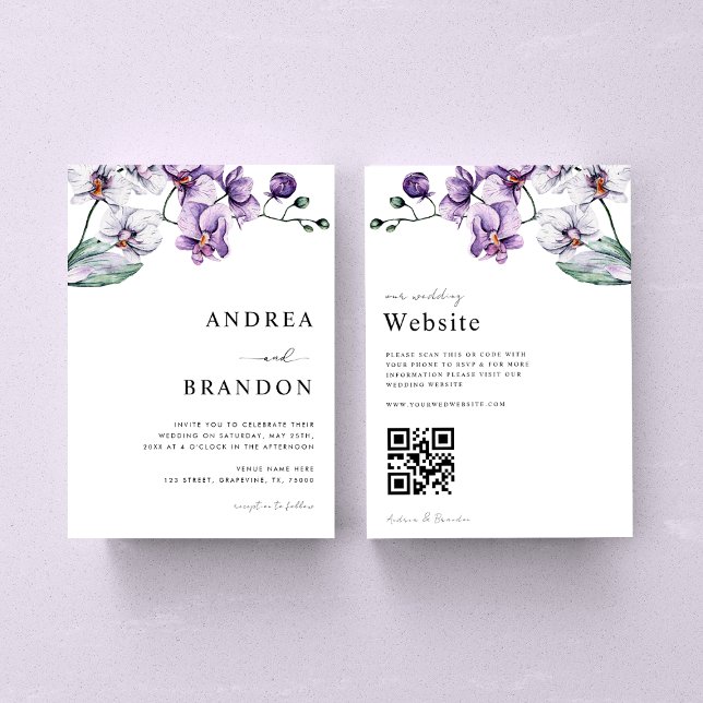Convites Orquídea Lilac Roxo Código QR Tudo em Um Casamento (Criador carregado)