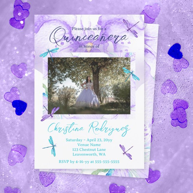 Convites Orquídea púrpura, Turquesa, Dragões Quinceanera (Purple quinceanera invitations with purple and turquoise dragonfly, whimsical budget mis quince anos)