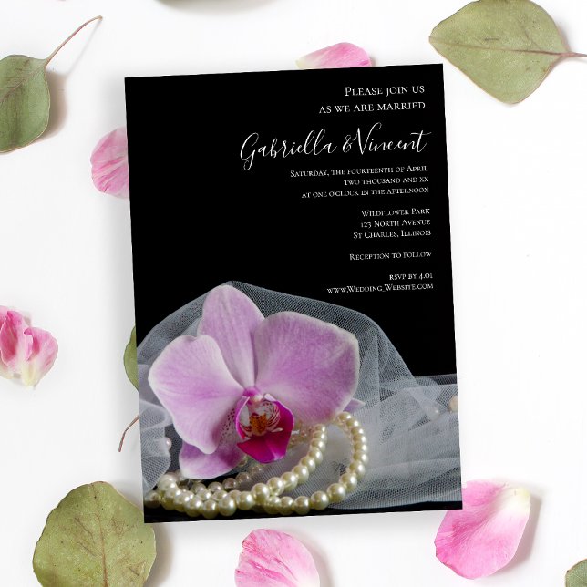 Convites Orquídea Rosa e Pérolas no Casamento Negro (Invite guests to your marriage ceremony with the elegant Pink Orchid and Pearls Wedding Invitation.)