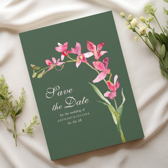 Convites Orquídea rosa verde-mauve Elegante Salve a Data (Elegant mauve green pink orchid Save the Date)