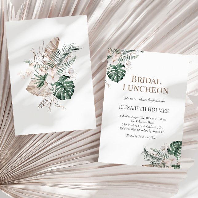 Convites Orquídea Tropical Monstera Bridal Lunchee (Tropical Orchid Monstera Bridal Luncheon Invitation on a sunny neutral dry palm leaf.)