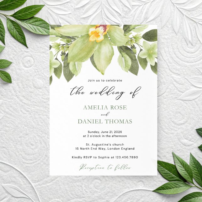 Convites Orquídea Verde Botânica Aquarela Casamento (Criador carregado)
