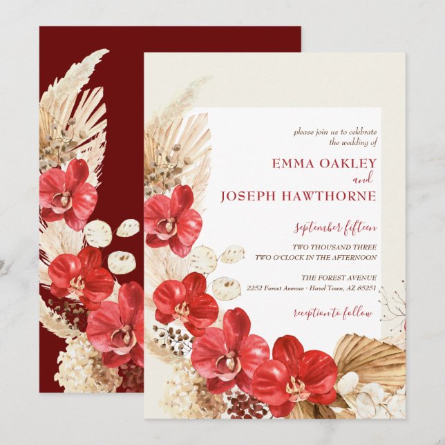 Convites Orquídea vermelha moderna cai do costume Casamento (Frente/Verso)