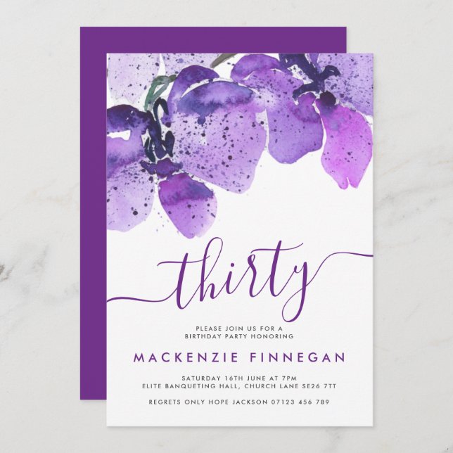 Convites Orquídeas Aquarelas Violam a Festa de aniversário  (Frente/Verso)